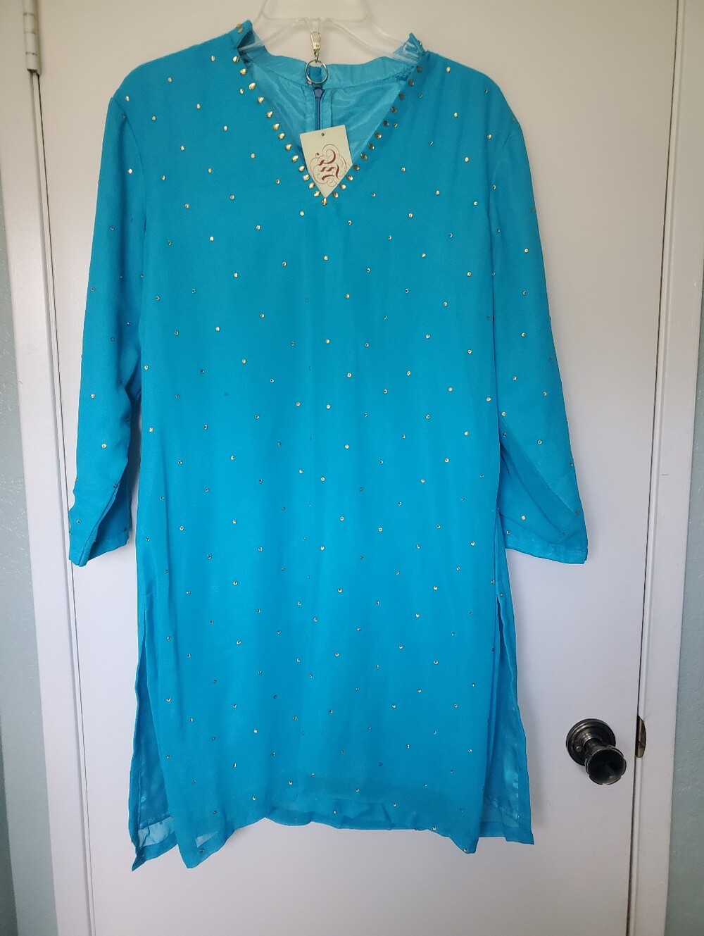 Anshaa Womans All OverJeweled Turquoise V-neck Chiffon Tunic Sz L NWT